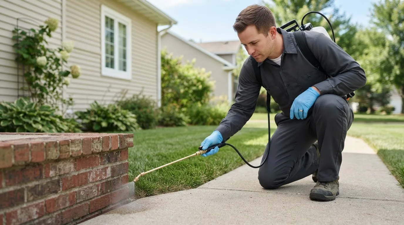 Pest control technician treating a home near Fate, TX